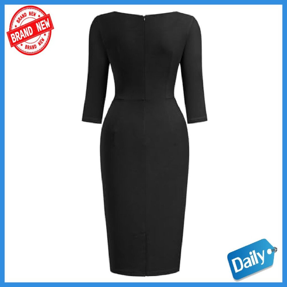 Retro Ruffle 2/3 Sleeve Slim Work Dress Pencil Style - Picture 6 of 8